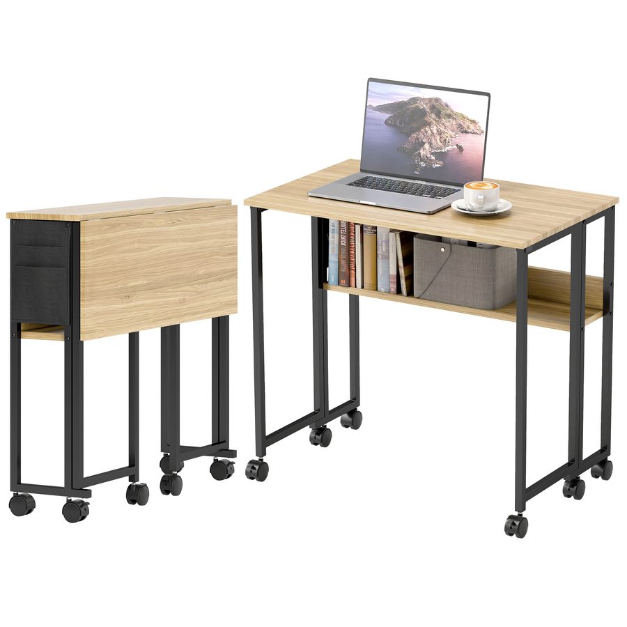 HOMCOM Klappbarer Schreibtisch auf Rollen, Computertisch 80 x 50 cm mit Regal und Aufbewahrungstasche, Schreibtisch für Home Office, Schlafzimmer, kleine Räume, Eiche   Aosom von HOMCOM