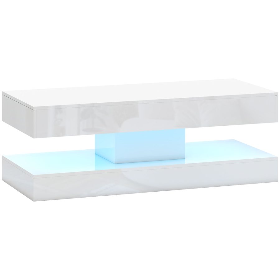 HOMCOM Couchtisch Wohnzimmertisch Hochglanz mit 12-Farbiger LED Beleuchtung Modern Beistelltisch mit 2 Schublade, offenem Regal Kaffeetisch für Wohnzimmer 120 x 50 x 42 cm, Weiß   Aosom von HOMCOM