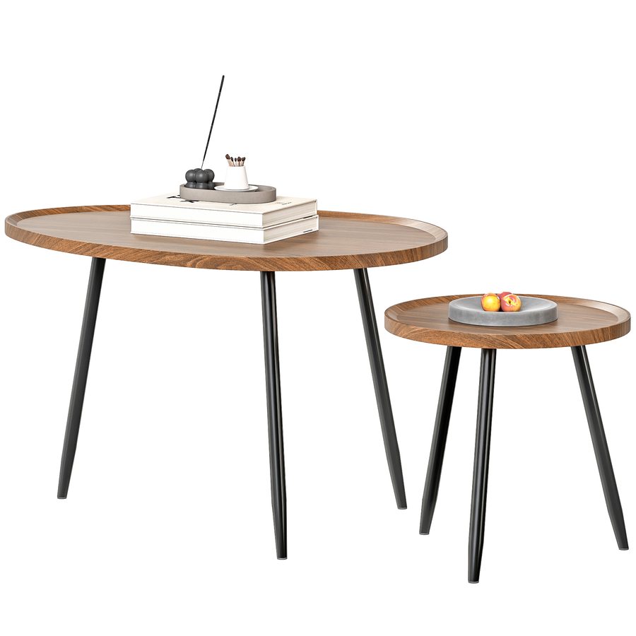 HOMCOM Set von 2 stapelbaren Beistelltischen Nesttische Couchtische Modernes Design mit Metallgestell für Wohnzimmer Schlafzimmer Büro 80x55x49 cm und Ø40x39 cm Holzoptik und Schwarz   Aosom von HOMCOM