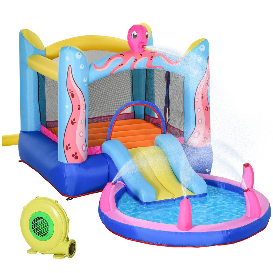 Outsunny Aufblasbare Hüpfburg Oktopus-Muster mit Rutsche Trampolin Spielburg Wasserrutsche Pool für Kinder 3-8 Jahre Oxfordstoff   Aosom.de von Outsunny