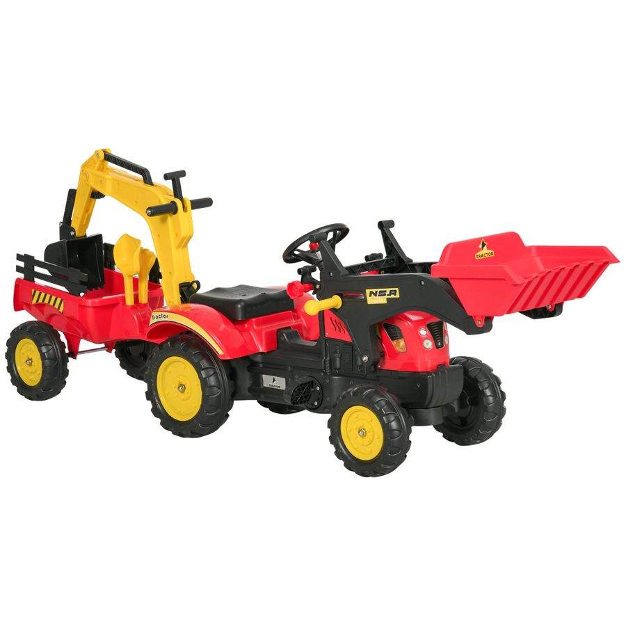 HOMCOM Trettraktor mit Anhänger und Frontlader, Tretbagger für Kinder ab 3 Jahren, rot, 179 x 42 x 59 cm, ideal für Spiel und Spaß   Aosom.de von HOMCOM