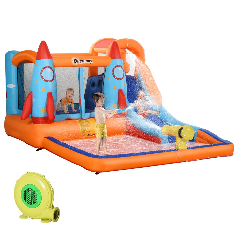 Outsunny aufblasbare Hüpfburg, Spielburg mit Rutsche für 4 Kinderburg, mit Gebläse, Spielhaus für 3-8 Jahre, Raketenmuster, Polyester   Aosom von Outsunny