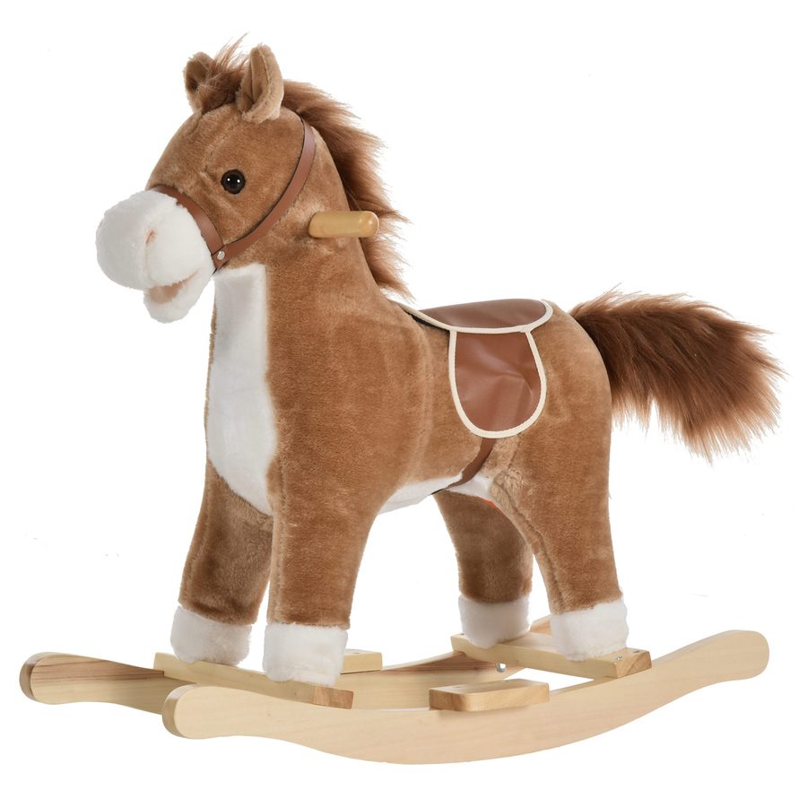HOMCOM Spielzeug Schaukelpferd Schaukeltier mit Tiergeräuschen und Haltegriffen für Kinder 36-72 Monate, Plüsch Braun 65x32,5x61 cm   Aosom.de von HOMCOM