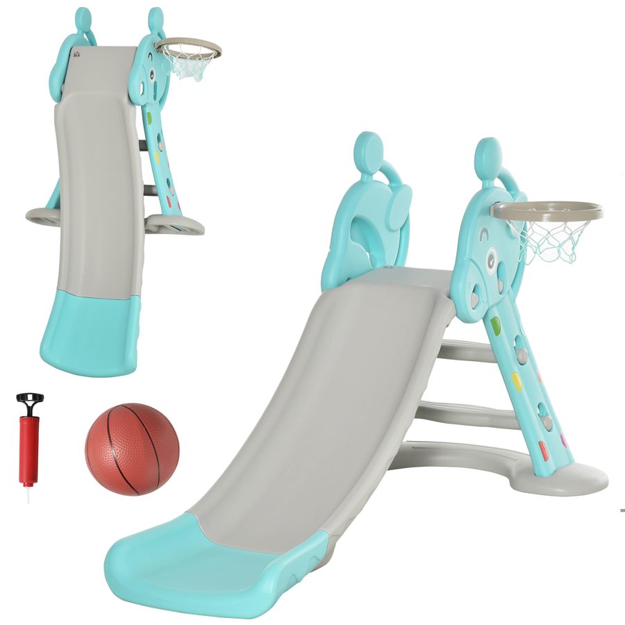 HOMCOM Kinderrutsche mit Basketballkorb faltbare Spielzeugrutsche mit verlängerter Heckkissen Dreiecksstruktur HDPE PP Hellblau+Grau 147x82x85,5cm   Aosom von HOMCOM