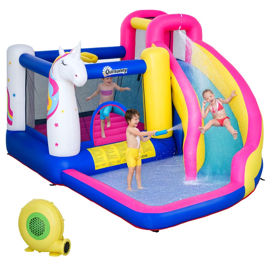 Outsunny Hüpfburg mit Gebläse und Rutsche, aufblasbare Springburg für 4 Kinder, Wasserpark für 3-8 Jahre, Oxford-Polyester-Gewebe, ideal für Outdoor-Spaß   Aosom.de von Outsunny