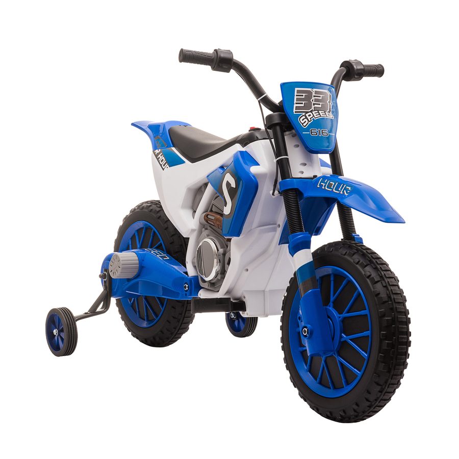 HOMCOM Kinder Elektro-Motorrad  12V, mit 2 abnehmbaren Stützrädern, ab 3 Jahre, PP Metall, Blau+Weiß  Aosom von HOMCOM