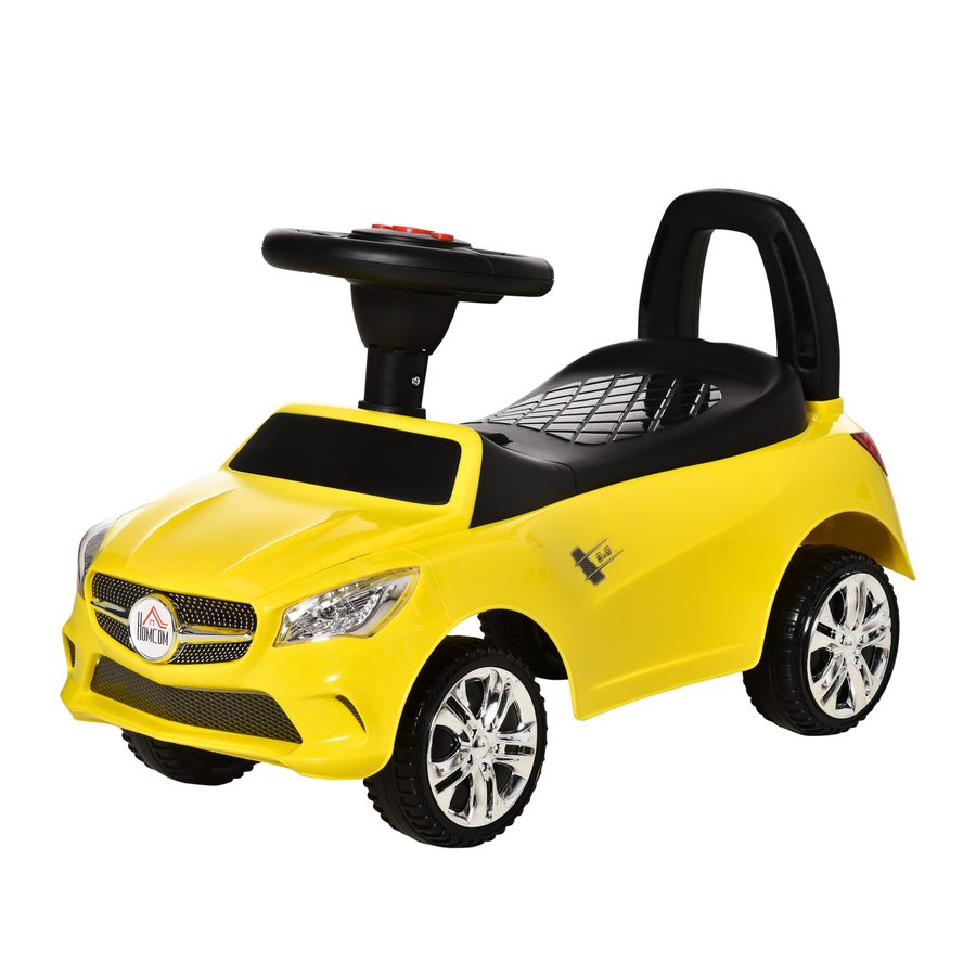 HOMCOM Kinderfahrzeug Rutschauto mit Lenkrad, Scheinwerfern und integrierter Musik, Kinderfahrzeug aus PP und Metall, 63,5x28x36 cm, Gelb   Aosom von HOMCOM