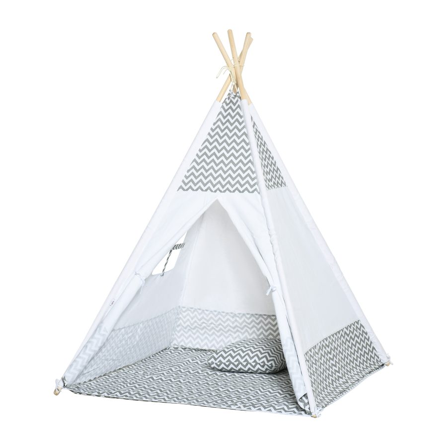 HOMCOM Indianer-Tipi Spielzelt für Kinder Grafikdesign - Maße 1,2L x 1,2B x 1,55H m - Verschließbare Tür Fenster Teppich Kissen Transporttasche inklusive - Innen Außen Grau Weiß   Aosom von HOMCOM