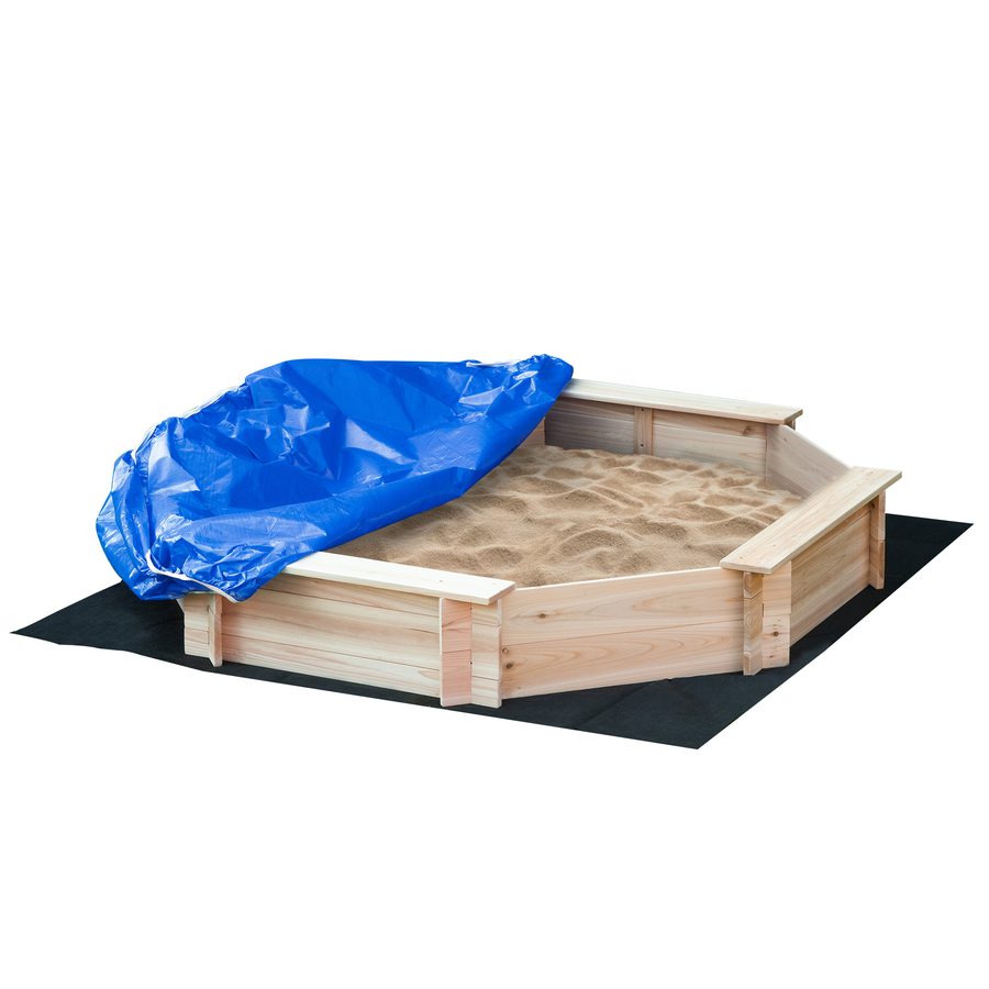 Outsunny Sandkasten mit Abdeckung 8-eckig Sandkiste aus Massivholz Bodenloses Design für Kinder 3-8 Jahre Natur+Blau 139,5 x 139,5 x 21,5 cm   Aosom von Outsunny