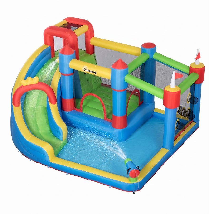 Outsunny Hüpfburg mit Gebläse für Kinder aufblasbare 6 in 1 Wasserpark mit Wasserrutsche Planschbecken Kletterwand Trampolin Wasserpistole für Indoor Outdoor Geschenk Geburtstag für 3 Kinder 3–8 Jahre   Aosom von Outsunny