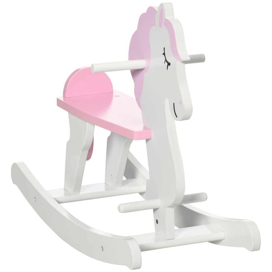 HOMCOM Schaukelpferd für Kinder 1-3 Jahre, Holz-Schaukelpferd mit Griffen, Fußstützen und Rückenlehne, 68x27x51,5 cm, Rosa und Weiß   Aosom von HOMCOM