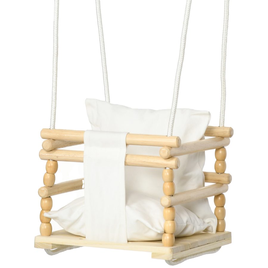 AIYAPLAY Kinderschaukel 9-36 Monate aus Holz und Baumwolle für Innen und Außen mit verstellbarem Seil und abnehmbarem Kissen, 30x30x110-180 cm, Farbe Holz und Weiß   Aosom von AIYAPLAY