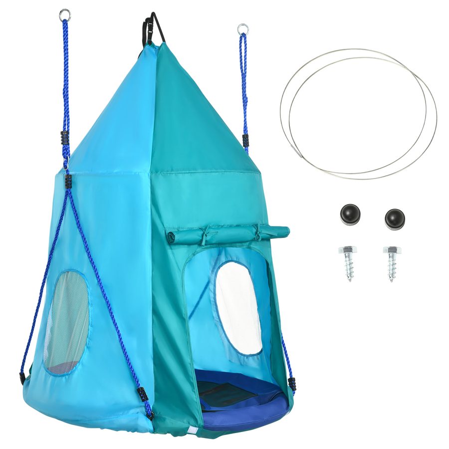 Outsunny Nestschaukel mit Zelt, Ø100 cm Gartenschaukel, Kinderschaukel mit Fenster und längenverstellbaren Seilen, Tellerschaukel für Kinder, wasserdichtes Zelt, bis 150 kg belastbar, Blaugrün   Aosom von Outsunny