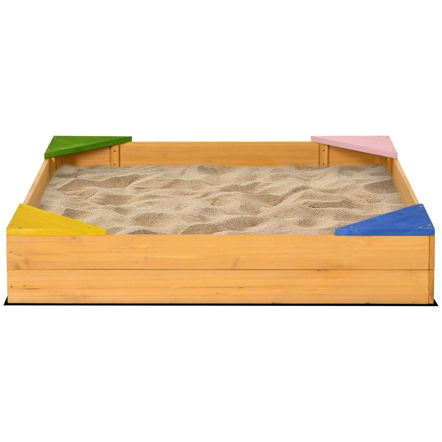 Outsunny Quadratischer Sandkasten aus Holz für Kinder mit 4 Sitzgelegenheiten in der Ecke und Schutzfilm 109 x 109 x 19,8 cm Naturholz   Aosom von Outsunny