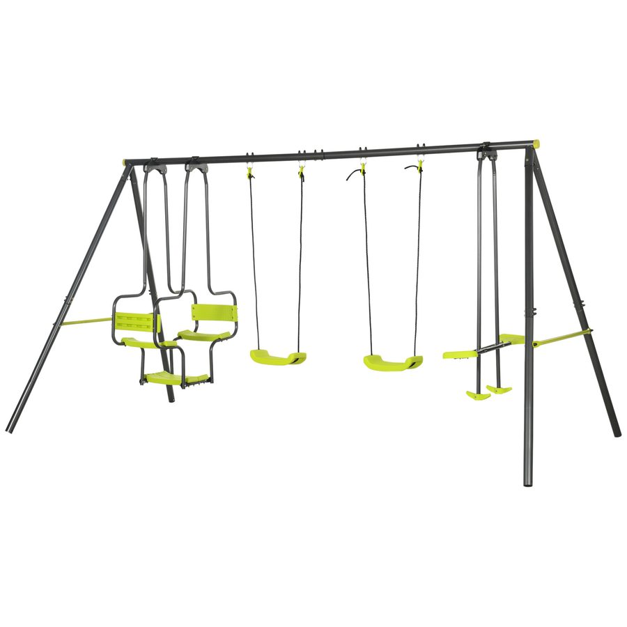 Outsunny Kinder Schaukel 4 Schaukeln Schaukelgestell mit Schaukel, Gondel gegenüberliegender Sitz dim. 3,55L x 1,84B x 1,86H m korrosionsbeständiges Metall PE Anthrazitgrau Apfelgrün   Aosom von Outsunny