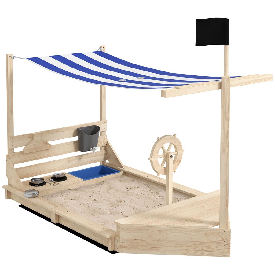 Outsunny Sandkasten groß mit Abdeckung Schiff Design 180x103x144,5cm aus Holz, inkl. Küchenspielset für Kinder 3-7 Jahre   Aosom.de von Outsunny