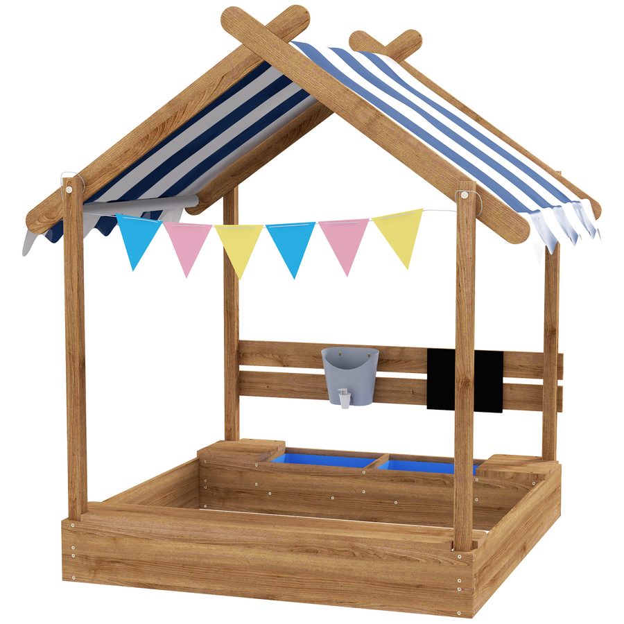 Outsunny Sandkasten mit Dach Holz Sandbox mit Sitzplatz und Tafel für 3-7 Jahre 124x116x146cm Garten Spielhaus Braun   Aosom.de von Outsunny