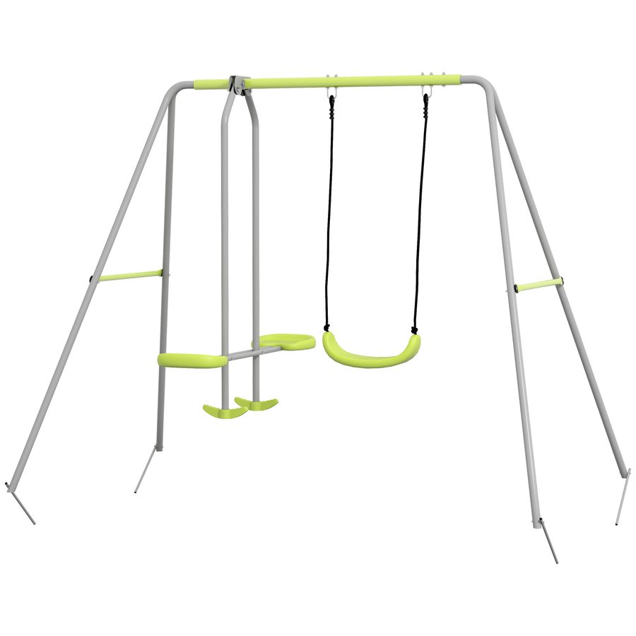 Outsunny 2-in-1 Kinderschaukelgestell mit 1 Schaukelsitz und 1 gegenüberliegendem Gesicht, Kinderschaukel, 3-8 Jahre, 255 x 160 x 180 cm, max. Belastung 135 kg, Metallstruktur, Grün Grau   Aosom von Outsunny