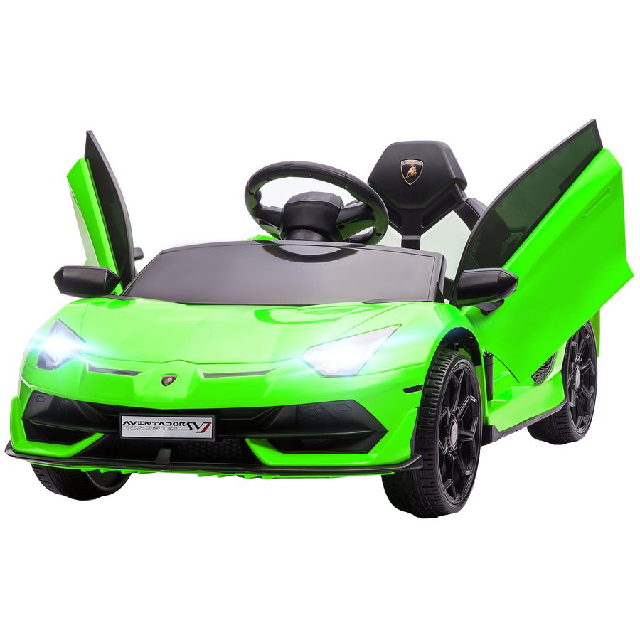 HOMCOM Elektroauto für Kinder, offizielle Lizenz Lamborghini Aventador SVJ, 12V mit Flügeltüren, LED-Fernbedienung, Musik, USB, Geschwindigkeit 3-5 Km/H, grün   Aosom von HOMCOM