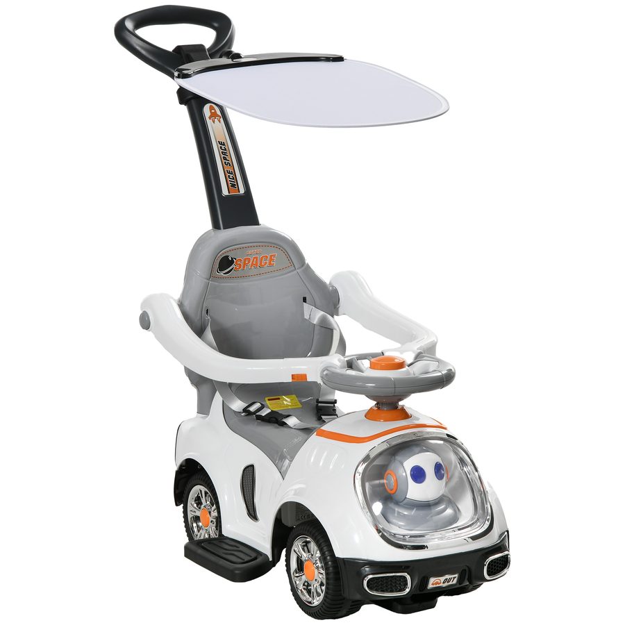AIYAPLAY 3‑in‑1-Laufwagen für Kinder 12–36 Monate, Laufwagen mit Stauraum, Roboterdesign mit leuchtenden Augen, Musik, Hupe, abnehmbarem Schiebebügel und Verdeck, Weiß   Aosom von AIYAPLAY