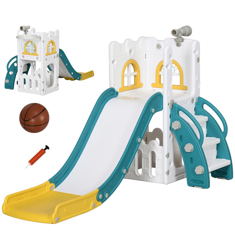 AIYAPLAY Kinderrutsche, 4 in 1, Kleinkinderrutsche mit Basketballkorb, Teleskop Klettergerüst Rutsche mit Basketball für Kinder 1-3 Jahre, Indoor, Gelb 70 x 177 x 92 cm   Aosom von AIYAPLAY