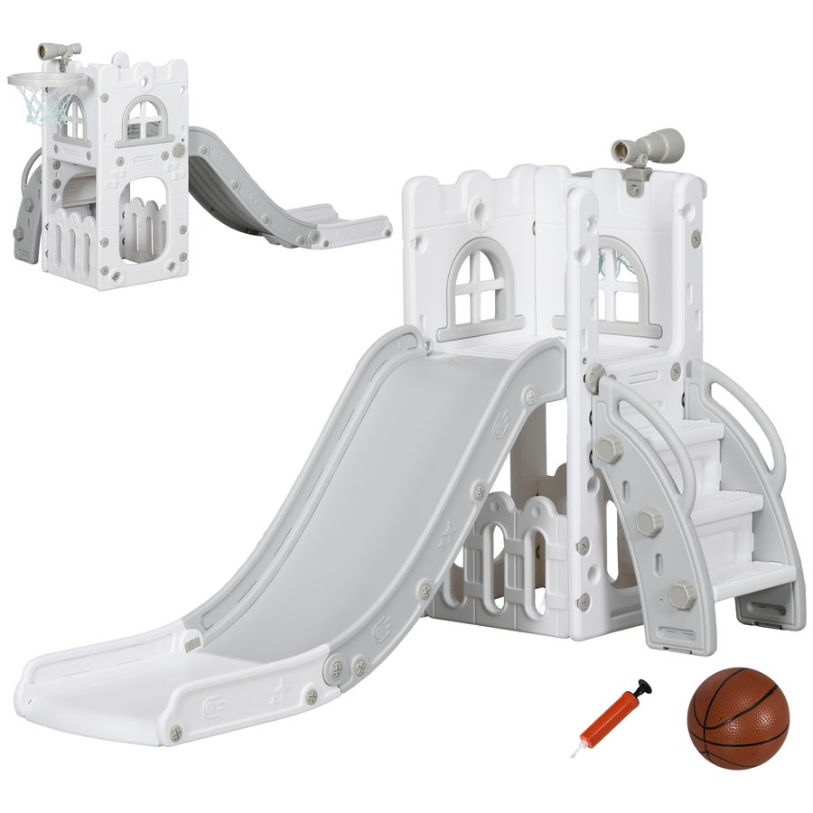 AIYAPLAY Kinderrutsche, 5 in 1, Kleinkinderrutsche mit Basketballkorb, Teleskop Klettergerüst, Aufbewahrungskorb Rutsche mit Basketball für Kinder 1-3 Jahre, Indoor, Grau 70 x 177 x 92 cm   Aosom von AIYAPLAY