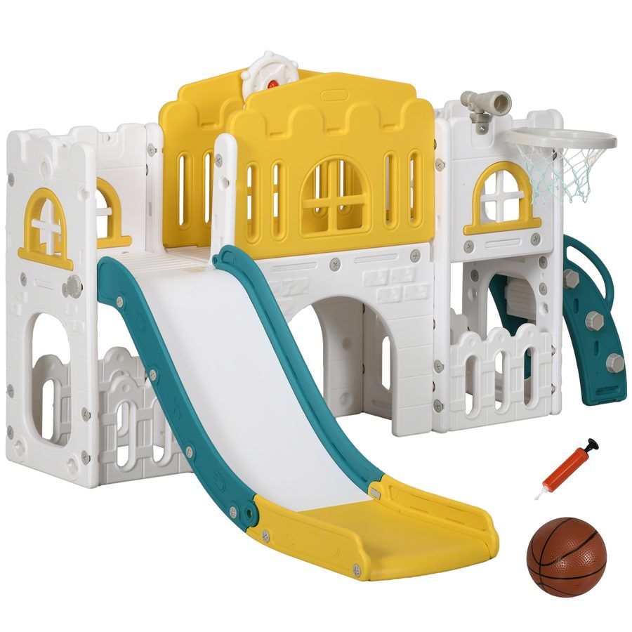 AIYAPLAY Kinderrutsche, 7 in 1, Kleinkinderrutsche mit Basketballkorb, Klettergerüst, Teleskop, Tunnel, Lenkrad, Plattformgang, Aufbewahrungskorb， Kinder Spielplatz für 1 bis 3 Jahre Kinder   Aosom von AIYAPLAY
