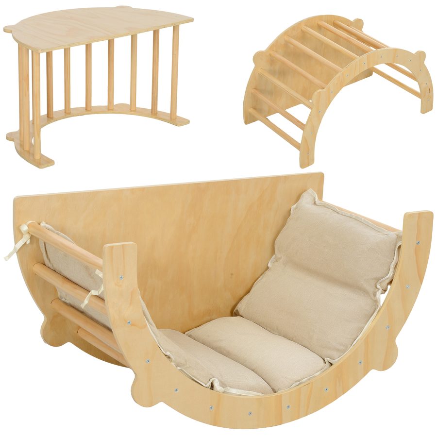 AIYAPLAY 3 in 1 Klettergerüst Set mit Tischplatte Kissen, Kletterbogen zum Schaukeln und Klettern, Kletterspielzeug aus Holz, für Kinder 1,5-4 Jahre, Indoor, Naturholz   Aosom von AIYAPLAY