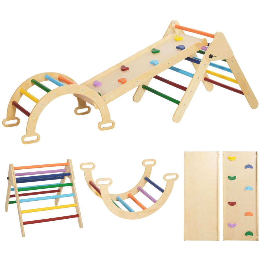 AIYAPLAY 5 in 1 Klettergerüst Set mit Rutsche, Kletterdreieck zum Rutschen und Klettern, Kletterspielzeug aus Holz, für Kinder 1,5-4 Jahre, Indoor, Mehrfarbig   Aosom von AIYAPLAY