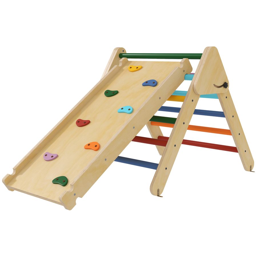 AIYAPLAY 3 in 1 Kletterdreieck Kinder, Doppelseitige Rutsche zum Klettern & Rutschen - Motorikparcours aus Holz für Kinderzimmer, Innenbereich für 18 bis 48 Monate, max. 50 kg, mehrfarbig   Aosom von AIYAPLAY