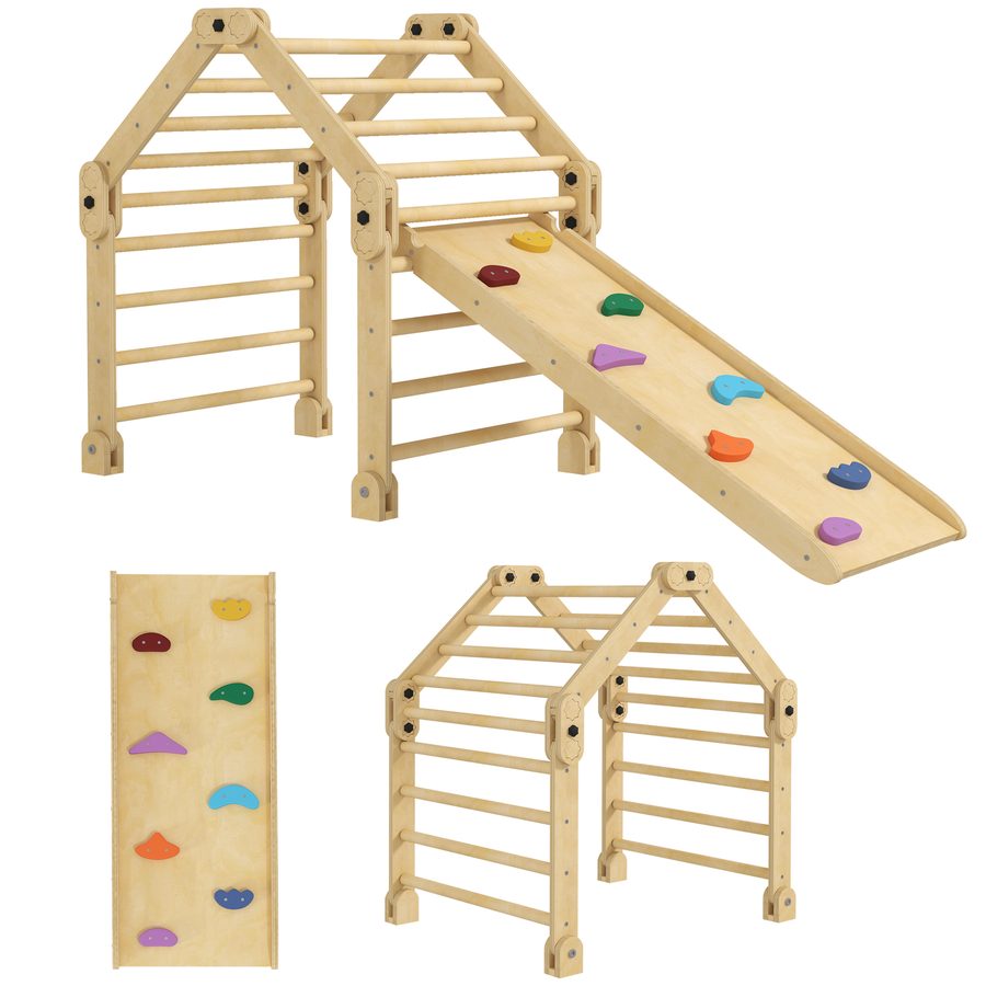 AIYAPLAY 3 in 1 Klettergerüst Set mit Rutsche, Kletterdreieck zum Rutschen und Klettern, Kletterspielzeug aus Holz, für Kinder 1,5-4 Jahre, Indoor, Mehrfarbig   Aosom von AIYAPLAY