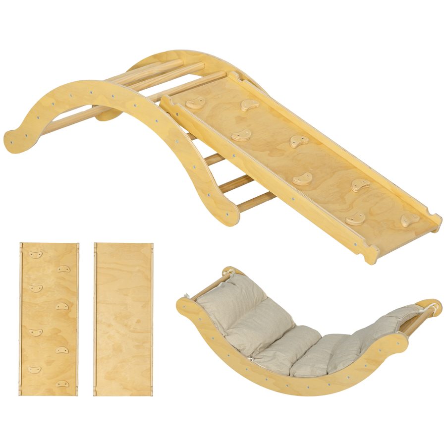 AIYAPLAY 4 in 1 Klettergerüst Set mit Rutsche, Kletterdreieck zum Rutschen und Klettern, Kletterspielzeug aus Holz, für Kinder 1,5-4 Jahre, Indoor, Naturholz   Aosom von AIYAPLAY