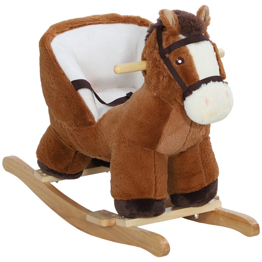 HOMCOM Schaukelpferd Schaukeltier mit Beckengurt, Soundfunktion, Holzkufen, Baby Schaukelpferd für 1,5-3 Jahre Kinder, Braun   Aosom