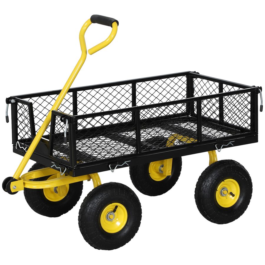 Outsunny Gartenwagen aus Stahl, Transportwagen, abnehmbare Seiten verwandelbar in Liegefläche, 4 Räder, 200 kg, Handwagen, Anhänger, 180° drehbarer Griff, Schwarz und Gelb   Aosom von Outsunny