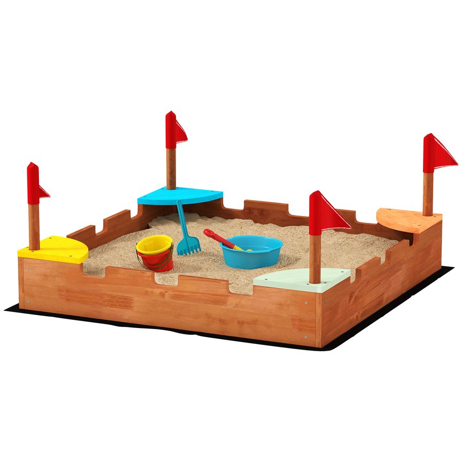 AIYAPLAY Sandkasten für Kinder 3-7 Jahre in Form eines Schlosses mit 4 Sitzen mit Fahnen, Kindersandkasten aus Fichtenholz, 90x90x17 cm, Mehrfarbig   Aosom von AIYAPLAY