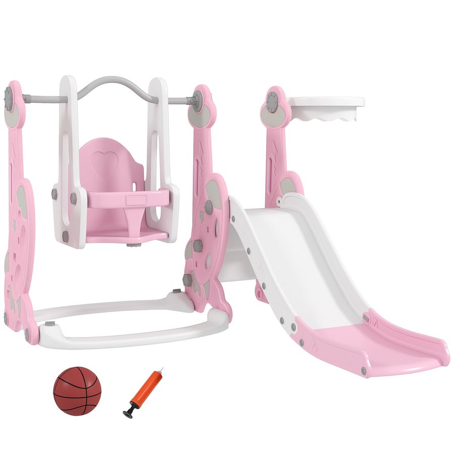 AIYAPLAY 4-in-1 Kinderrutsche, freistehende Gartenschaukel mit Rutsche, Kletterleiter und Basketballkorb, Spielplatz-Set für Innen und Außen, Kinderzimmer, 18-48 Monate, Rosa   Aosom von AIYAPLAY