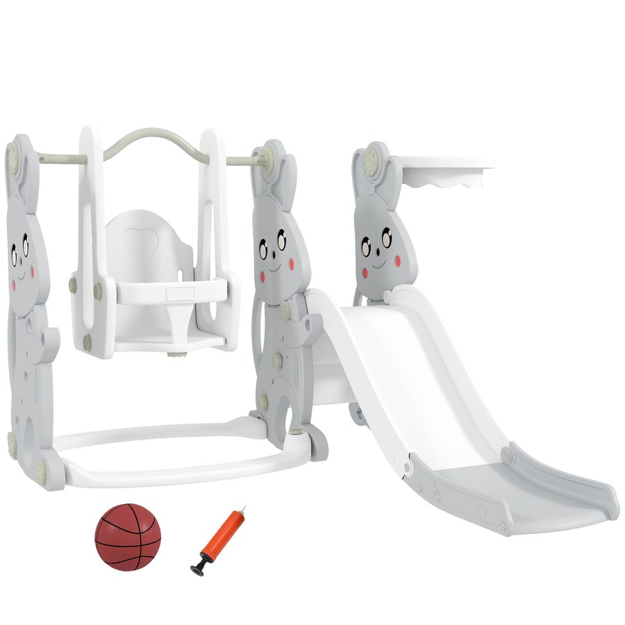 AIYAPLAY Rutsche 4-in-1 Kinderrutsche mit Schaukel, Klettergerüst, Basketballkorb, Kinder Spielplatz mit Hasendesign Kleinkinderrutsche für Indoor und Outdoor Kinder von 1,5-4 Jahren Grau   Aosom von AIYAPLAY
