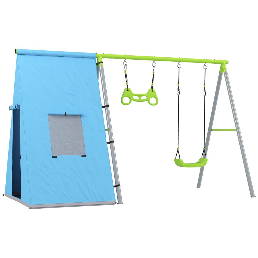 AIYAPLAY 3 in 1 Schaukelgestell Outdoor Schaukelgerüst mit Spielzelt, Schaukel und Turnringe, Kinderschaukel mit Metallgestell, Gartenschaukel für Kinder Grün   Aosom von AIYAPLAY