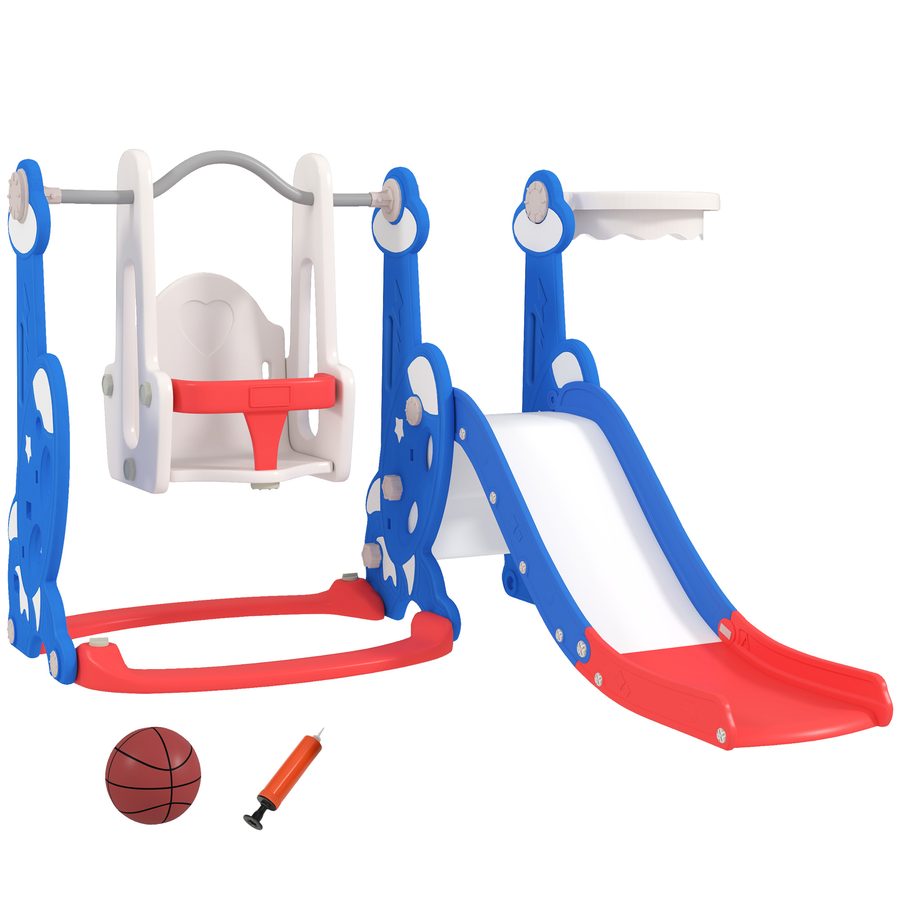 AIYAPLAY 4-in-1 Kinderrutsche, freistehende Gartenschaukel mit Kletterleiter und Basketballkorb, Spielplatz-Set für Innen und Außen, Kinderzimmer, 18-48 Monate, Dunkelblau   Aosom von AIYAPLAY