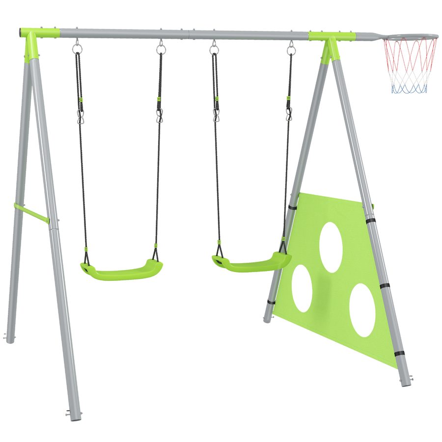 AIYAPLAY 3 in 1 Schaukelgestell Outdoor Schaukelgerüst mit 2 Schaukeln, Basketballkorb, Fußballtor, Kinderschaukel mit Metallgestell, Gartenschaukel für Kinder   Aosom von AIYAPLAY