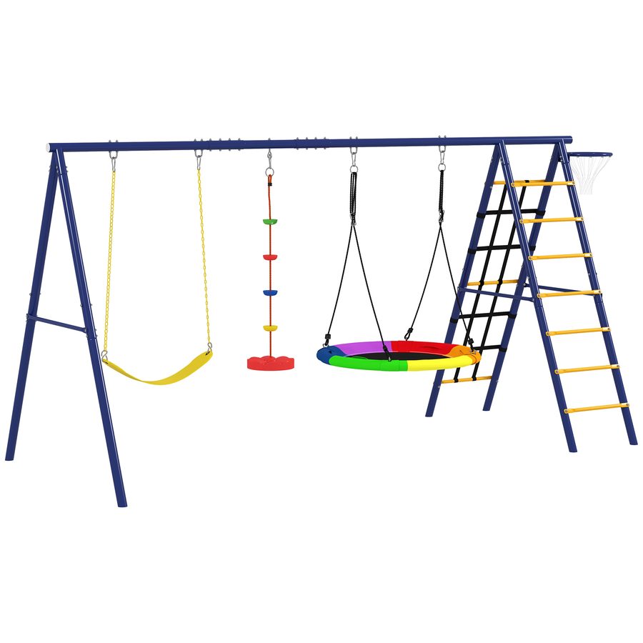 AIYAPLAY Kinderschaukel-Set 6 in 1 Schaukelgerüst aus Stahl mit Gurtschaukel, Nestschaukel, Seilscheibenschaukel, Kletternetz, Kletterleiter und Basketballkorb für Kinder 3-8 Jahre   Aosom von AIYAPLAY