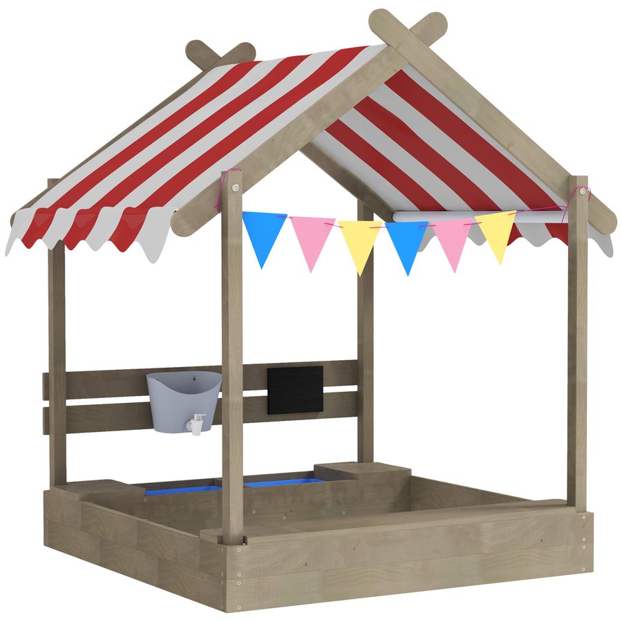 Outsunny Sandkasten mit Dach, Sandkiste aus Holz mit Sitzplatz, Spielhaus, 124 x 116 x 146 cm Sandbox mit Tafel für 3-7 Jahre Kinder, Garten, Grau   Aosom von Outsunny
