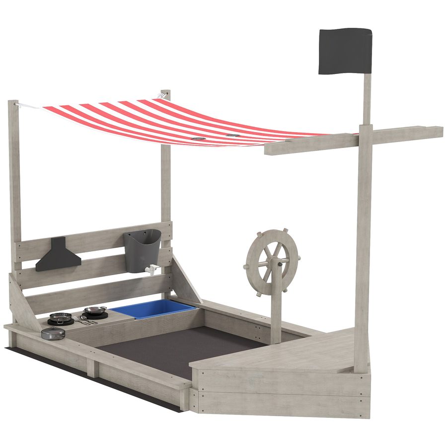 Outsunny Sandkasten Sandkiste groß mit Abdeckung im Schiff Design Matschekiste aus Holz Segelschiff Spielhaus mit Küchenspielset Aufbewahrung für Kinder 3-7 Jahre Grau 180 x 103 x 144,5 cm   Aosom von Outsunny