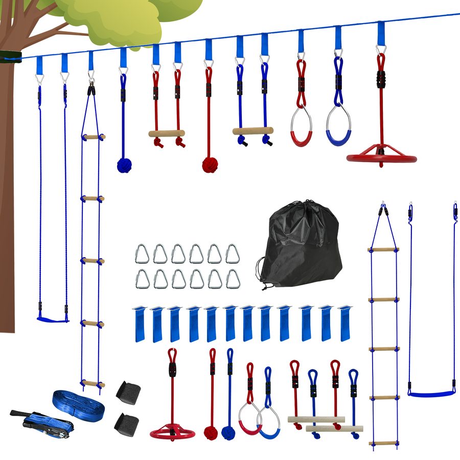 AIYAPLAY Ninja Warrior Hindernisparcours für Kinder 10 m Ninja Slackline Kit mit Kletterleiter Zubehör, Turnringe, Hängetablett, Schaukel, Kletterstangen, Trainingsausrüstungsset für Kinder   Aosom von AIYAPLAY