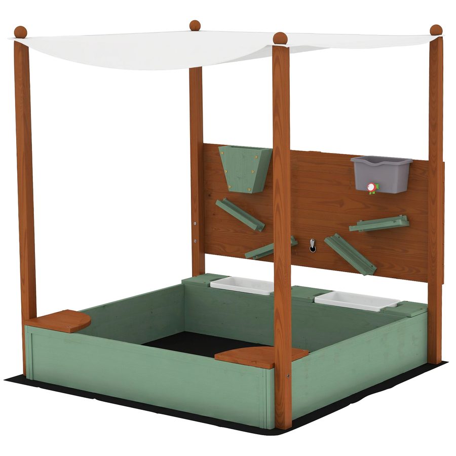 AIYAPLAY Sandkasten mit Dach, 116 x 112,5 cm Sandkiste aus Holz Sandbox mit Sitzfläche, 2 Behältern, Sand- und Wasserspielzeug, Eimer mit Wasserhahn für 3-6 Jahre Kinder Grün   Aosom von AIYAPLAY