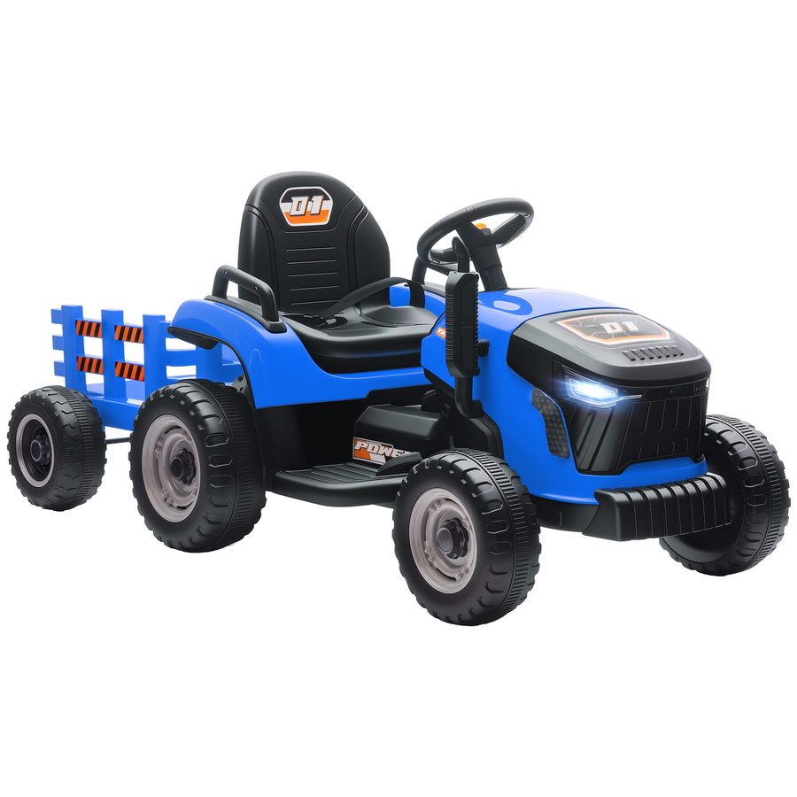 AIYAPLAY Elektrischer Kinder Traktor mit Anhänger, Aufsitztraktor mit Fernbedienung, 2 Motor, 3-Gang Kinder Elektroauto mit Musik, Hupe, Startgeräusch, Sanft Start, 3-5km/h, für 3-8 Jahre, Blau   Aosom von AIYAPLAY