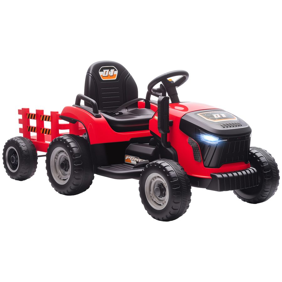 AIYAPLAY Elektrischer Kinder Traktor mit Anhänger, Aufsitztraktor mit Fernbedienung, 2 Motor, 3-Gang Kinder Elektroauto mit Musik, Hupe, Startgeräusch, Sanft Start, 3-5km/h, für 3-8 Jahre, Rot   Aosom von AIYAPLAY