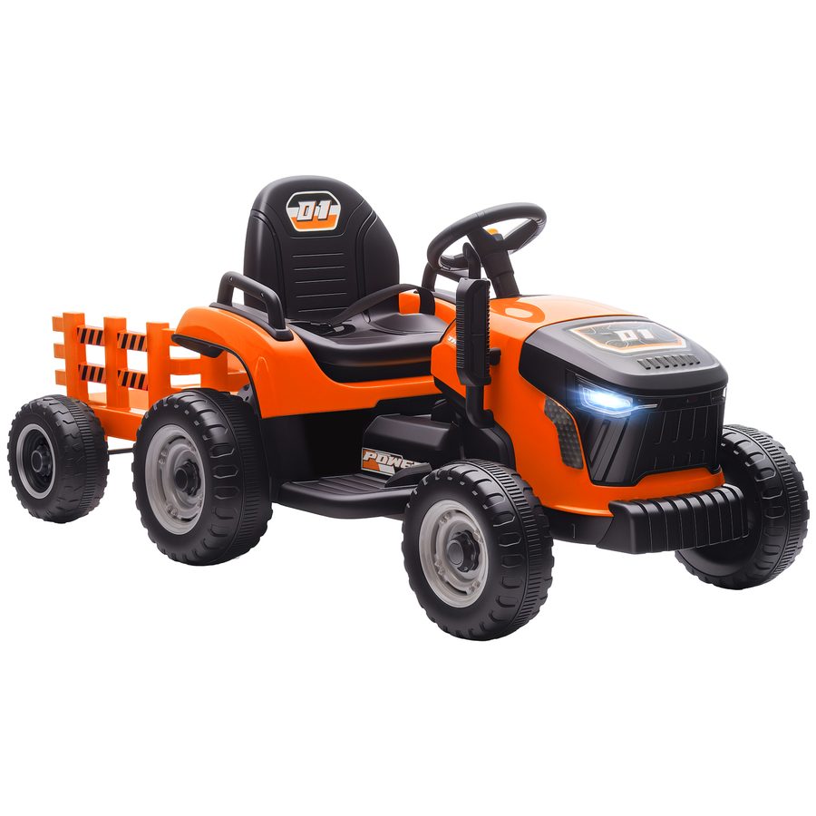 AIYAPLAY Elektrischer Kinder Traktor mit Anhänger, Aufsitztraktor mit Fernbedienung, 2 Motor, 3-Gang Kinder Elektroauto mit Musik, Hupe, Startgeräusch, Sanft Start, 3-5km/h, für 3-8 Jahre, Orange   Aosom von AIYAPLAY