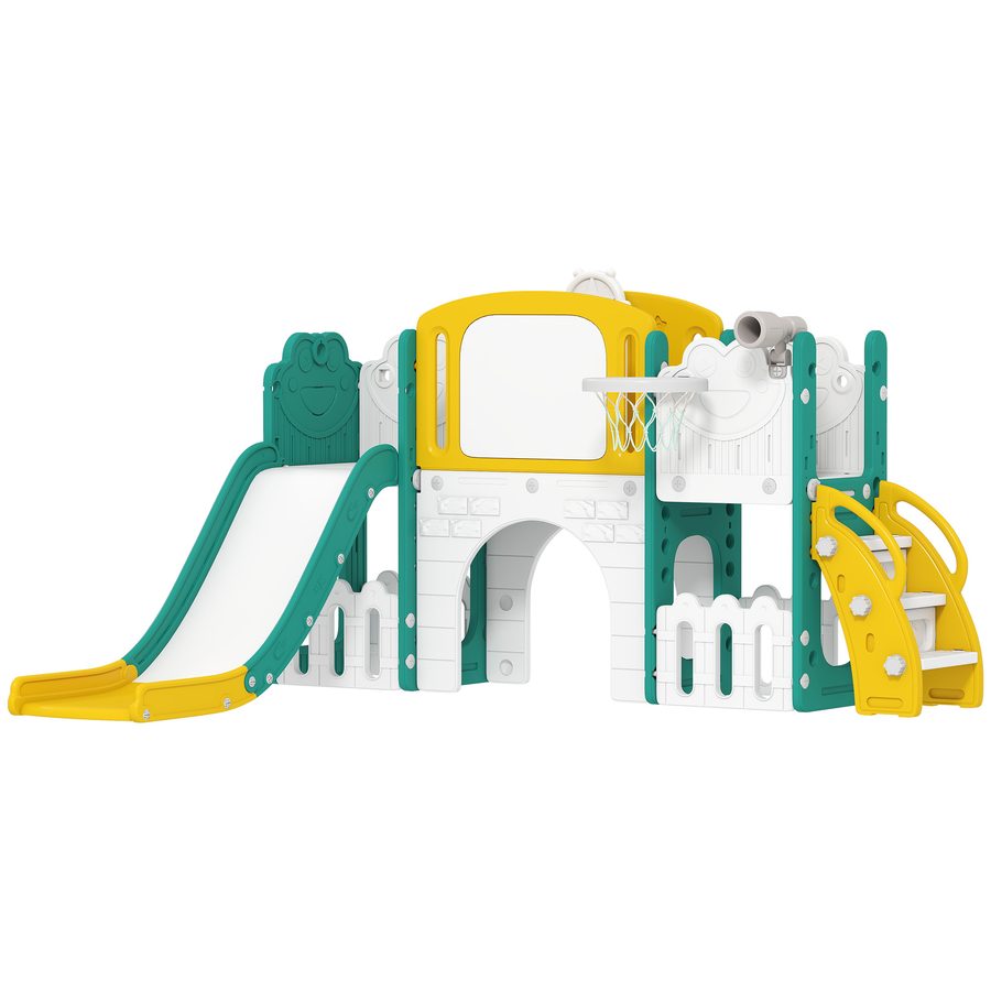 AIYAPLAY Kinderrutsche 7 in 1 Indoor und Outdoor Babyrutsche mit Basketballkorb, Klettergerüst, Tunnel, Spielteleskope, Stauraum, Reißbrett, Frosch-Motiv Spielplatz für Kleinkinder 1-3 Jahre, Gelb   Aosom von AIYAPLAY