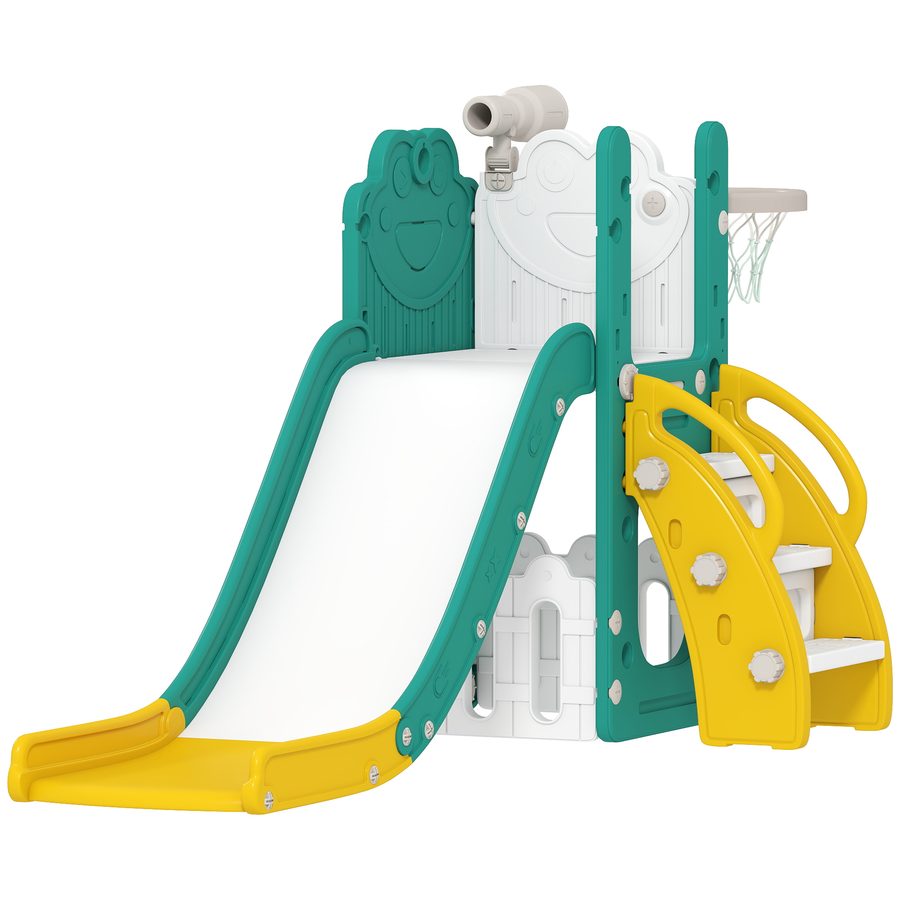 AIYAPLAY Kinderrutsche 5 in 1 Indoor und Outdoor Babyrutsche mit Basketballkorb, Klettergerüst, Spielteleskope, Stauraum, Frosch-Motiv Spielplatz für Kleinkinder 1-3 Jahre, Gelb   Aosom von AIYAPLAY
